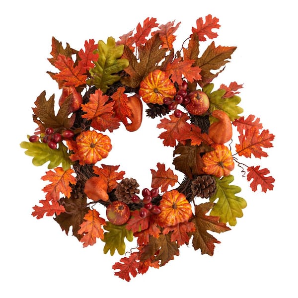 Nearly Natural 20 in. Orange Autumn Assorted Maple Leaf, Pumpkin Gourd, Pinecone and Berry Artificial Fall Wreath