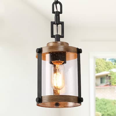 Modern Farmhouse Chandelier 1-Light Black Drum Mini Island Pendant light with Faux Wood Accents and Seeded Glass Shades