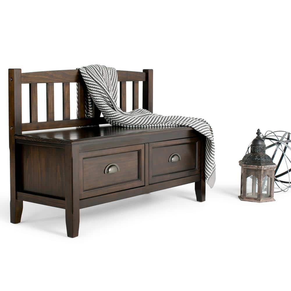 Mahogany Brown Solid Wood Entryway Storage Bench with Drawers