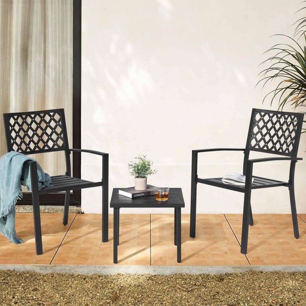 Black 3-Piece Metal Square Outdoor Bistro Set with Stackable Chairs, Powder-Coated Frame price history on PriceWatchPro