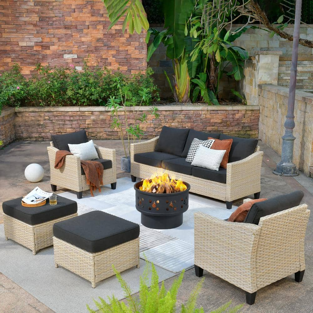 Oconee 6-Piece Wicker Outdoor Patio Conversation Sofa Seating Set with a Wood-Burning Fire Pit and Black Cushions -  HOOOWOOO, WFP-DAR106