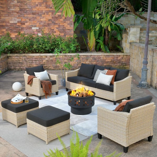HOOOWOOO Oconee 6-Piece Wicker Outdoor Patio Conversation Sofa Seating Set with a Wood-Burning Fire Pit and Black Cushions