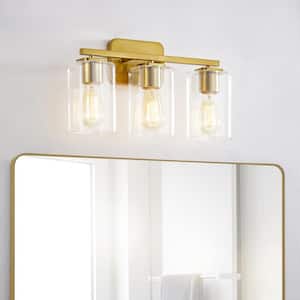 17.5 in. 3-Light Antique Brass Bathroom Vanity Lights with Square Clear Glass Shade