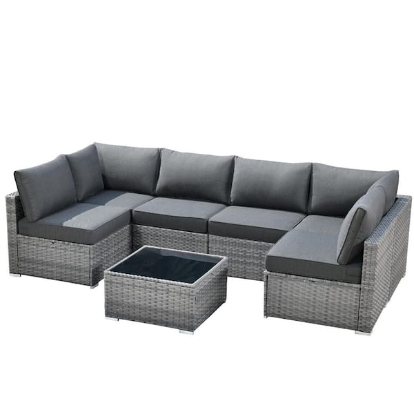 Sanibel Gray 7-Piece Wicker Outdoor Patio Conversation Sofa Sectional Set with Black Cushions