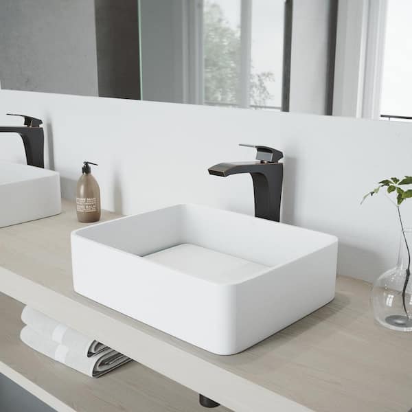 VIGO Jasmine Modern White Matte Stone 18 in. L x 15 in. W x 5 in. H Rectangular Vessel Bathroom Sink