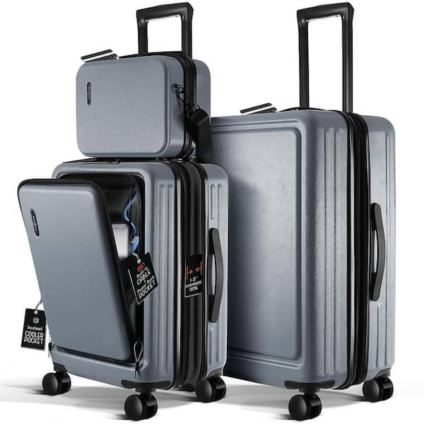 3-Piece Gray Hard Carry-On Weekender Luggage Set Expandable Spinner Airline Approved Suitcase Exterior USB port