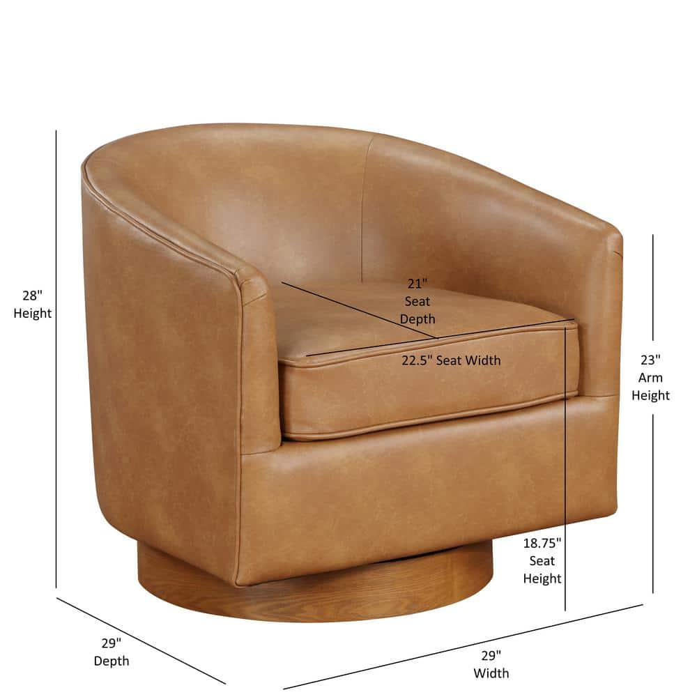 Saddle Brown Faux Leather Wood Swivel Barrel Chair