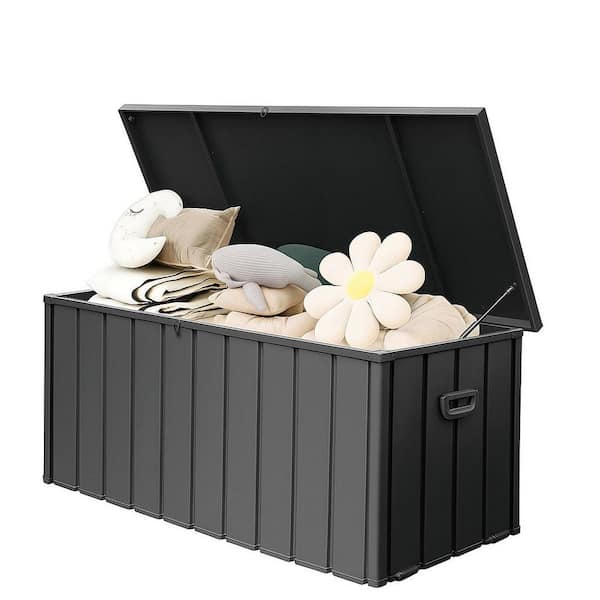 190 Gal. Metal Outdoor Deck Box, Patio Lockable Furniture Storage Cabinet, Storage Bench for Pillows Pool Tools Grey