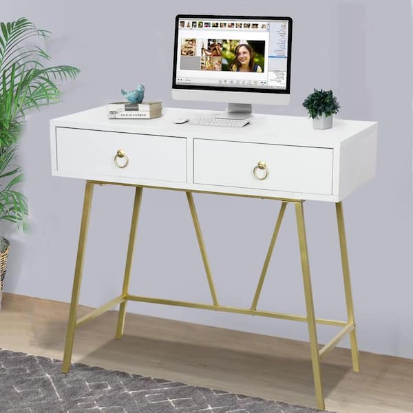 ODK 32 inch Computer Desk with 2 Fabric Drawers, Home Office Desk Modern Work Writing Study Desk, White