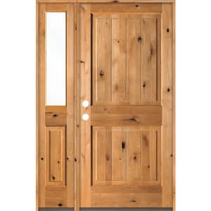 56 in. x 80 in. Rustic Knotty Alder 2 Panel Sidelite Right-Hand/Inswing Clear Glass Clear Stain Wood Prehung Front Door