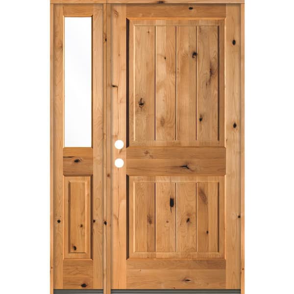 Krosswood Doors 56 in. x 80 in. Rustic Knotty Alder 2 Panel Sidelite Right-Hand/Inswing Clear Glass Clear Stain Wood Prehung Front Door