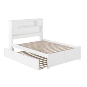 Newport White Solid Wood Frame Full Platform Bed with Bookcase Headboard and Full Size Trundle Bed