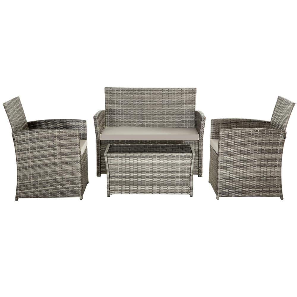 4 Pieces Wicker Patio Conversation Set, Patio Furniture Sets with Gray Cush