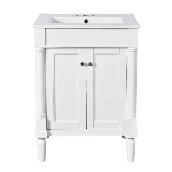 24 in. W Single Sink Freestanding White Bath Vanity with White Ceramic Top and Storage Shelves, Unassembled