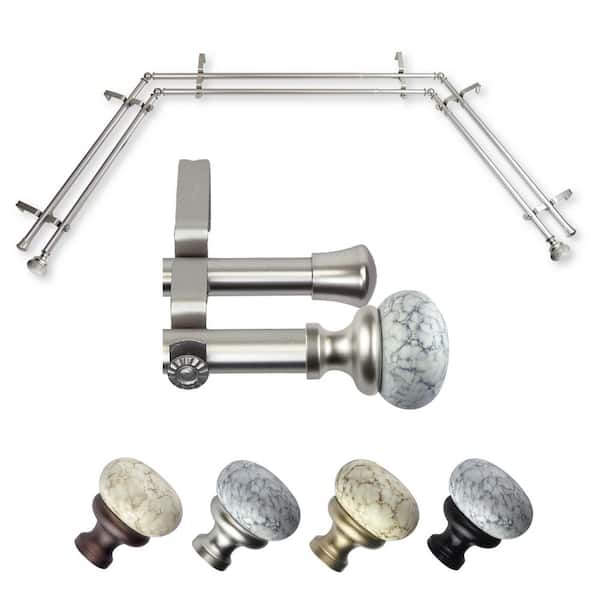 EMOH Johona 20-36 in. sides, 38-72 in. center Adjustable Bay Window Double Curtain Rod 13/16 in. in Satin Nickel with Finial