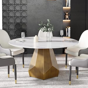 59 in. White Circular Sintered Stone Tabletop Bronze Pedestal Base Kitchen Dining Table (Seats-8)