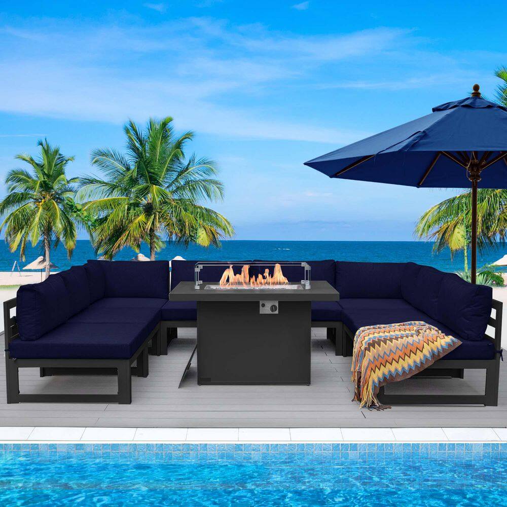 Extra Large Gray 9-Piece Aluminum Patio Fire Pit Conversation Set Deep Seat