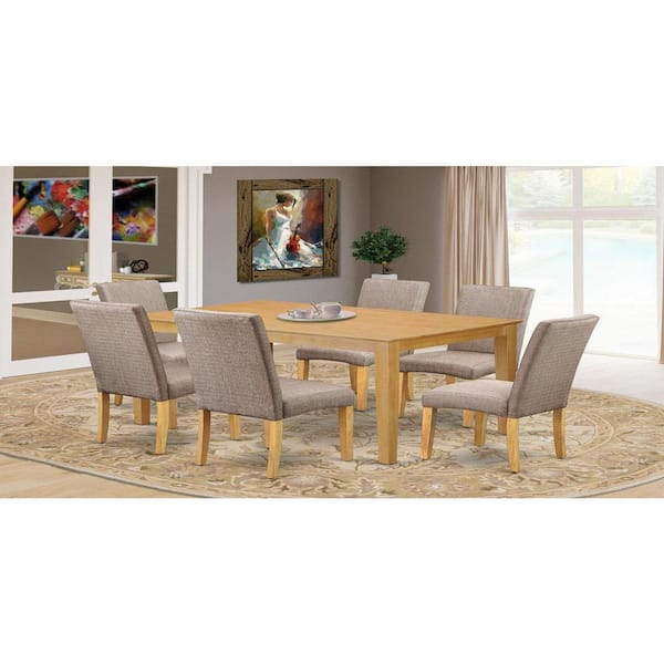 East West Furniture 7-Piece Rectangle Natural Oak Finish Solid Wood Top Dining Table with 6 Parson-Chairs with Lattice Back