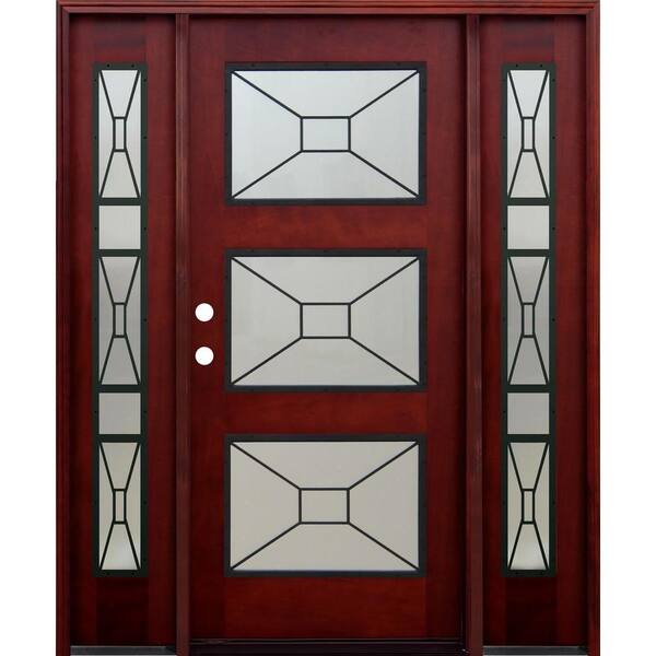 Pacific Entries 36 in. x 80 in. 3 Lite Mistlite Stained Mahogany Wood Prehung Front Door w/ Grille, 12 in. Sidelites & 6 in. Wall Series