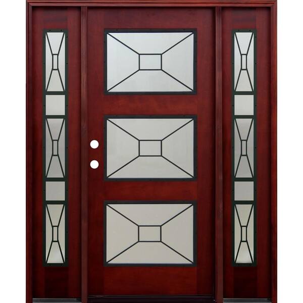 Pacific Entries 36 in. x 80 in. 3 Lite Mistlite Stained Mahogany Wood Prehung Front Door w/ Grille, 14 in. Sidelites & 6 in. Wall Series