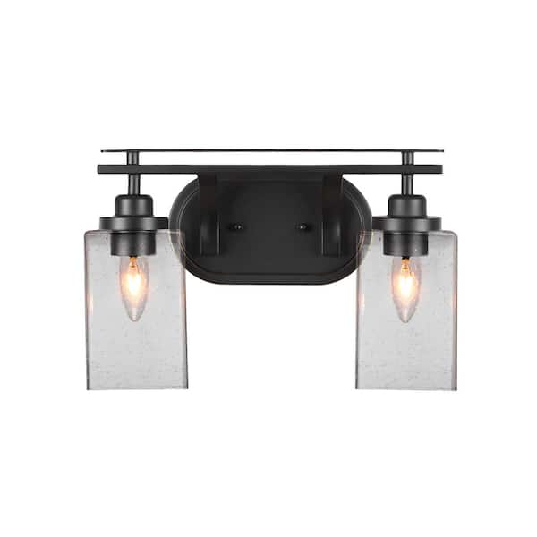 Unbranded Monroe 14.75 in. 2-Light Matte Black Vanity Light with 4 in. Square Clear Bubble Glass Shade No Bulbs Included