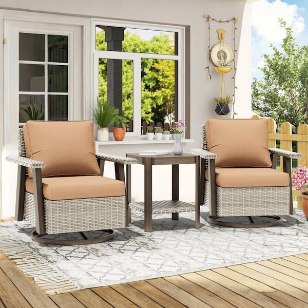 3-Piece Brown Wicker Patio Swivel Outdoor Rocking Chairs with 4.5-inch Tan Cushions and Side Table