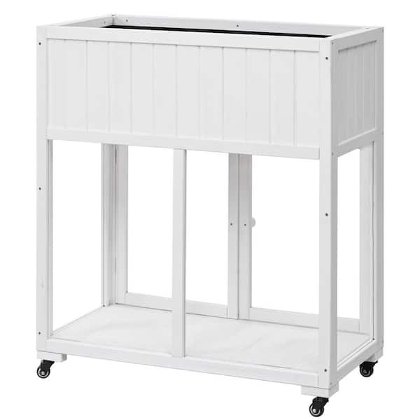 Unbranded 35.4 in. x 17.7 in. x 37.4 in. Mini Wood Raised Bed with Liner, Compact 2 Doors Garden Greenhouse with Wheels, White