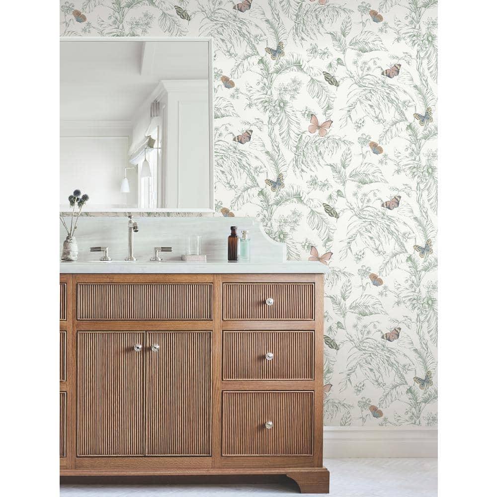 Blush and Green Tropical Butterfly Wallpaper