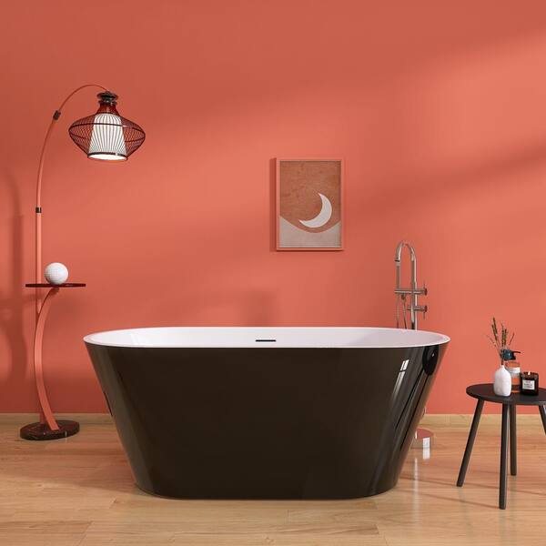 59 in. x 29.5 in. Free Standing Soaking Tub Flatbottom Acrylic Freestanding Bathtub with Chrome Drain in Glossy Black