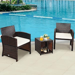 3-Piece Wicker Patio Conversation Set with Soft White Cushion and Coffee Table for Backyard Poolside Garden