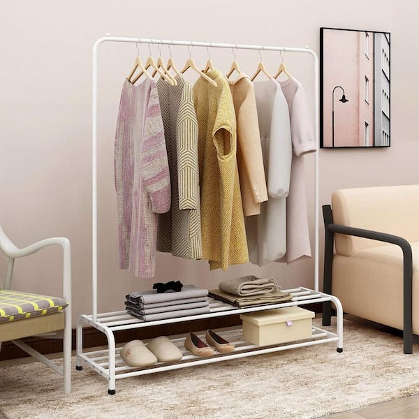 Yofe Rustic Brown Wooden Clothes Rack with Metal Frame Closet Organizer Portable Garment Rack with 2 Storage Box & Side Hook