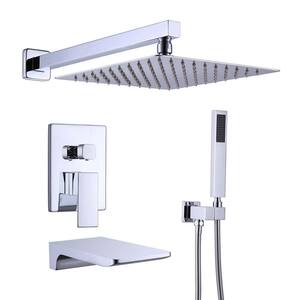 2-Spray 10 in. Square Rain Shower Head with Hand Shower and Waterfall Tub Faucet in Chrome (Valve Included)