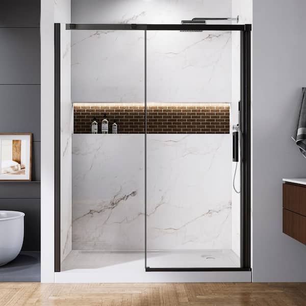 56 in. to 60 in. W x 74 in. H Single Sliding Semi-Frameless Shower Door in Matte Black with 5/16 in. Tempered Glass