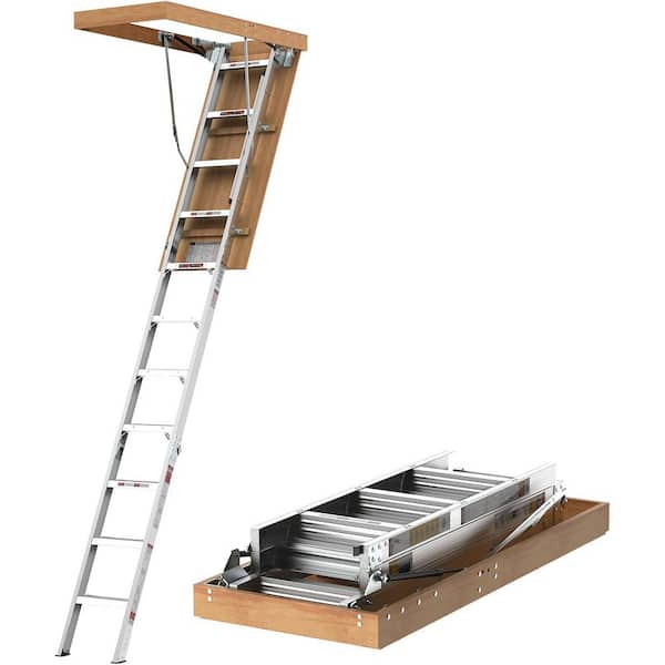 10 Foot Aluminum Attic Ladder Pull Down System for 54" W x 22.5" H Opening with 350-Pound Load Steps for 7'8"-10'3"