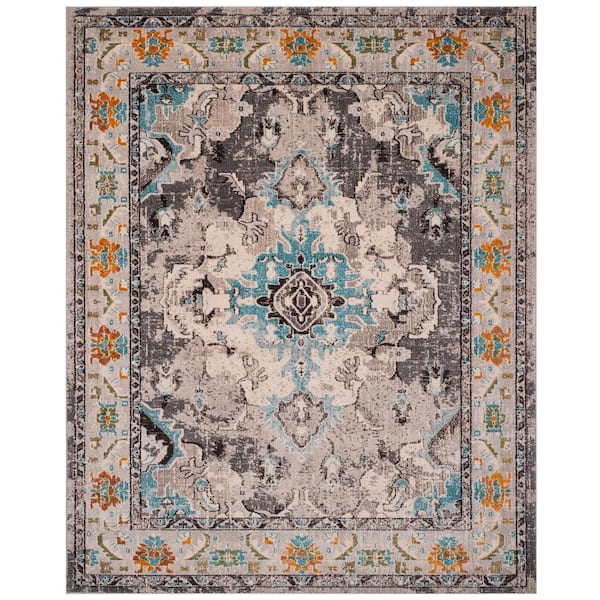 Monaco Gray/Light Blue 11 ft. x 15 ft. Distressed Border Medallion Area Rug