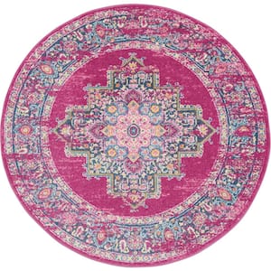 Passion Fuchsia 4 ft. x 4 ft. Bordered Transitional Round Rug