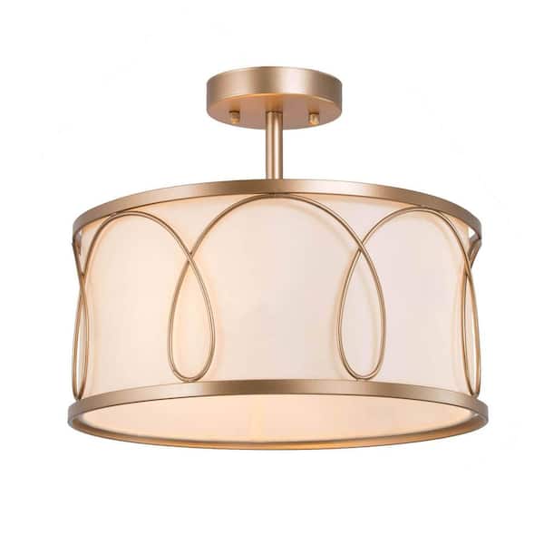 3-Light Gold Semi-Flush Mount Light with Fabric Shade