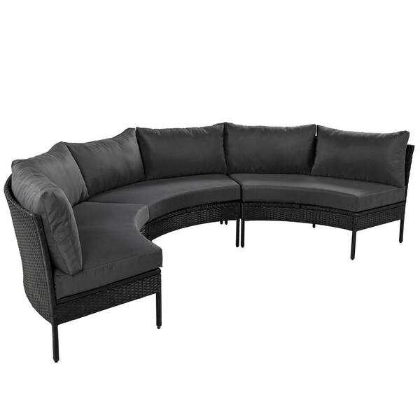 Sudzendf 3-Piece Curved Outdoor Conversation Set, All Weather Sectional Sofa with Gray Cushions
