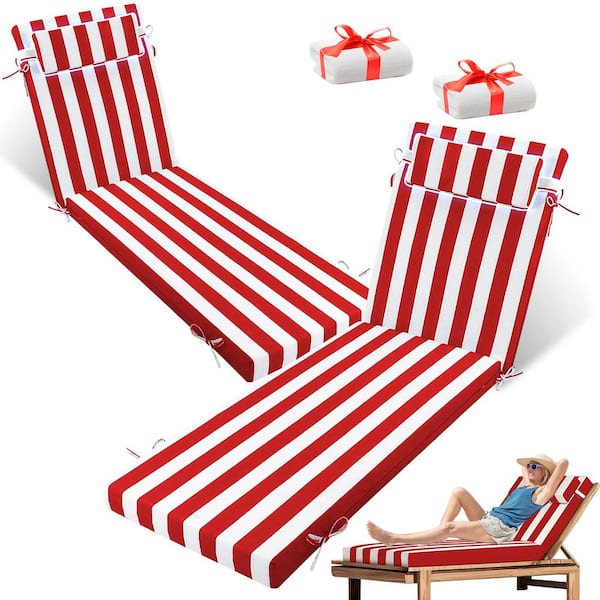 71 in. x 21 in. x 4 in. (2-Pack) Waterproof Outdoor Chaise Lounge Cushion With a Bath Towel Red and White Stripes