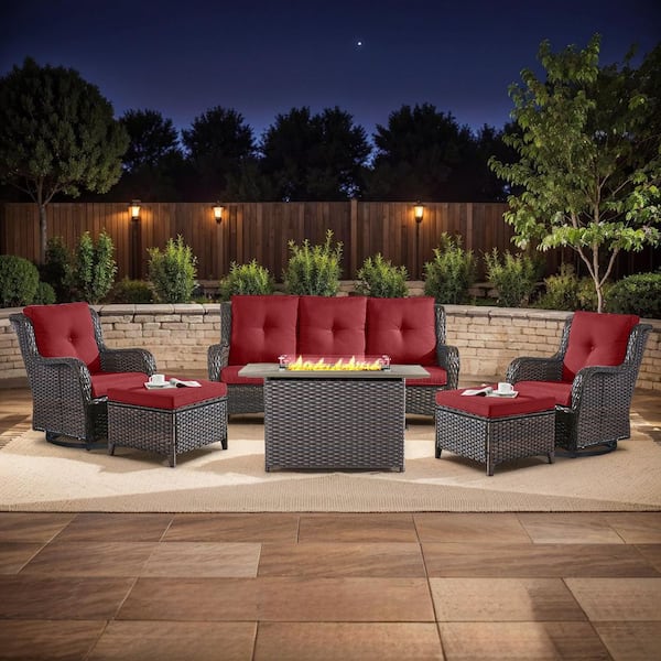 6-Piece Brown Wicker Fire Pit Conversation Set with Olefin Red Cushions and Swivel Glider Rocking Chairs and Couch