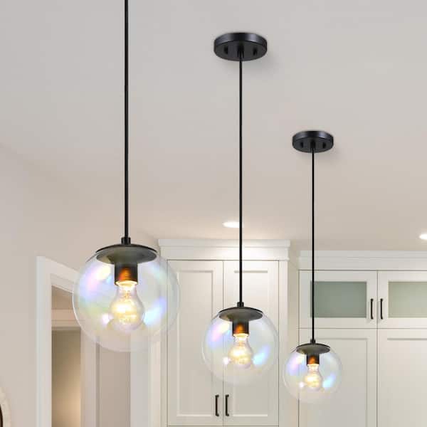 Neva 60-Watt 1-Light Matte Black Globe Pendant Light with Clear Iridescent Glass Shade