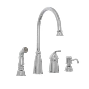 Avalon Single-Handle High-Arc Standard Kitchen Faucet with Side Sprayer and Soap Dispenser in Polished Chrome