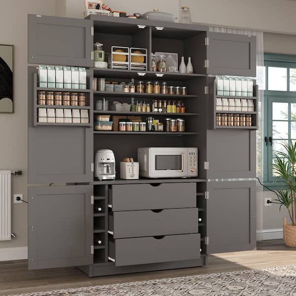 Gray 80.1 in. Tall Storage Cabinet Kitchen Pantry with 2 Power Outlets, Adjustable Shelves and Door Shelves