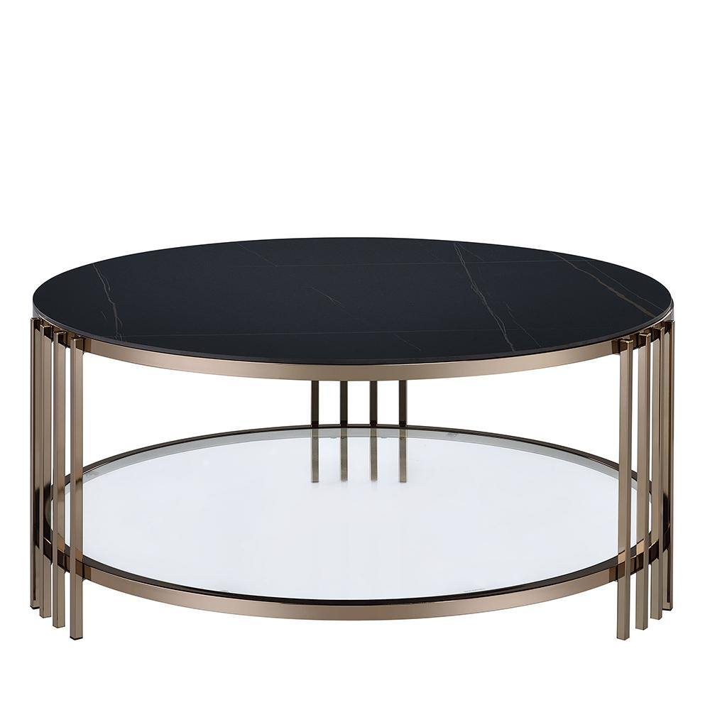 Round Black Sintered Stone and Glass Coffee Table with Champagne Finish