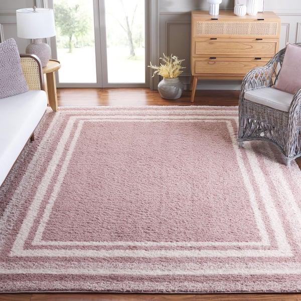 Border and Stripe Shag 7 ft. x 7 ft. Pink/Ivory Concentric Border square Area Rug