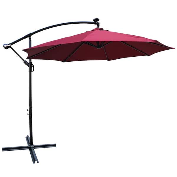 10 ft. Outdoor Solar LED Patio Umbrella in Burgundy-8 Ribs Umbrella with Crank and Cross Base