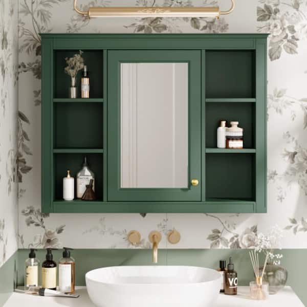 35 in. W x 27.5 in. H Rectangular Waterproof MDF,Green Bathroom Medicine Cabinet with Mirror w/6-Open Adjustable Shelves