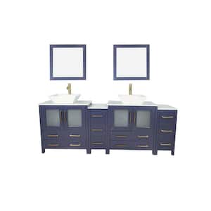 Ravenna 84 in. W Double Basin Bathroom Vanity in Blue with White Engineered Marble Top and Mirrors