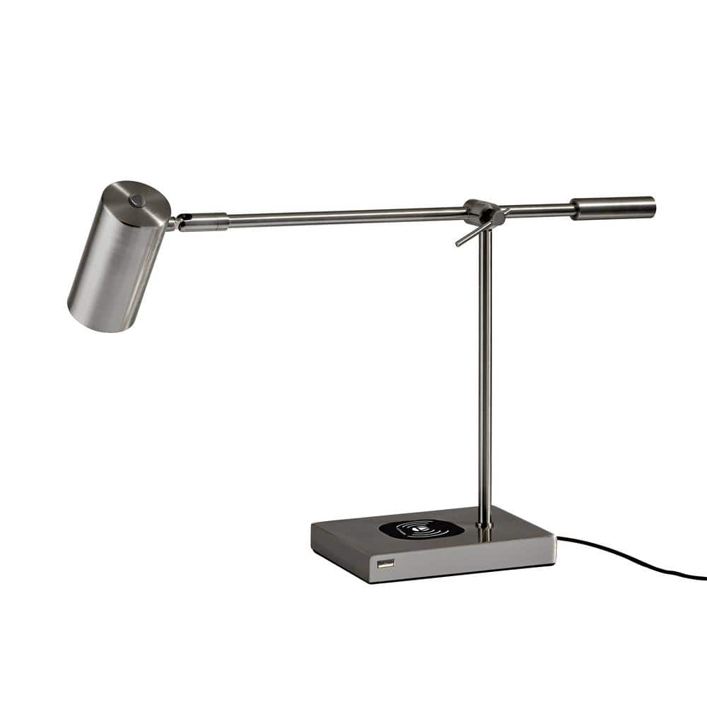 Flemings Brushed Steel Adjustable LED Desk Lamp with USB & Qi Charging