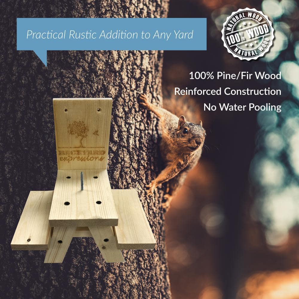 Light Brown Pine Wood Outdoor Squirrel Feeder Picnic Table